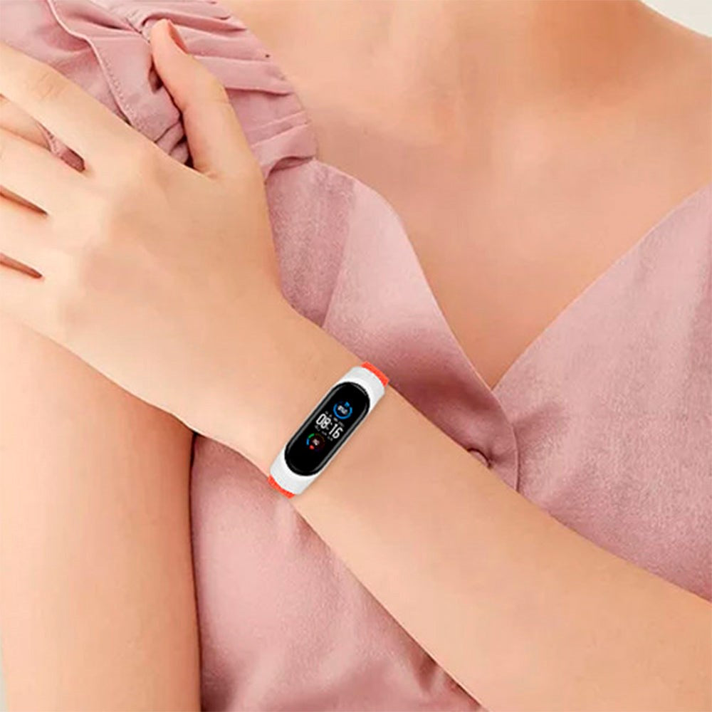 Xiaomi Mi Smart Band 5 / 6 Hurtel Flettet Stof Rem - Hvid / Lyserød