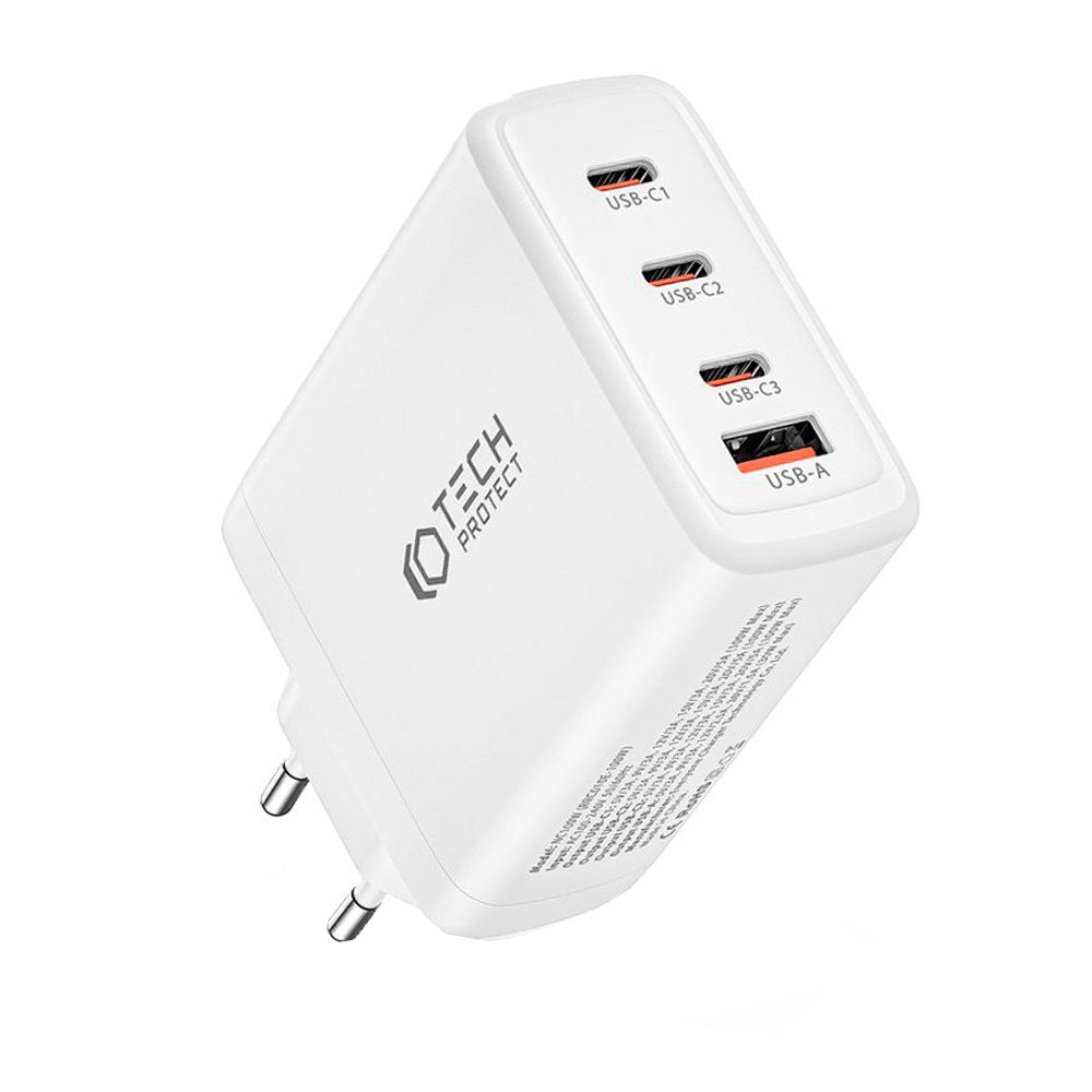 Tech-Protect PD GaN 100W Vægoplader m. 3 x USB-C & 1 x USB-A - Hvid