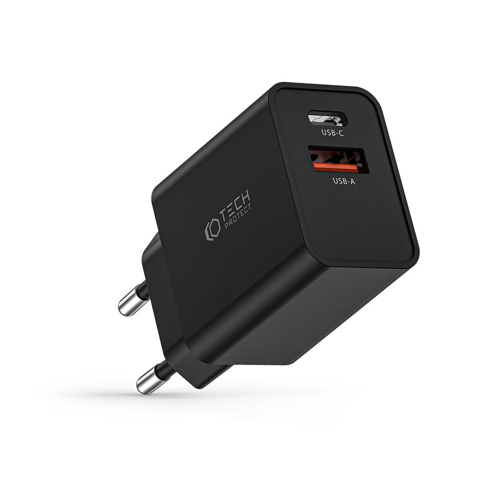 Tech-Protect 30W Vægoplader m. 1 x USB-A QC & 1 x USB-C PD - Sort