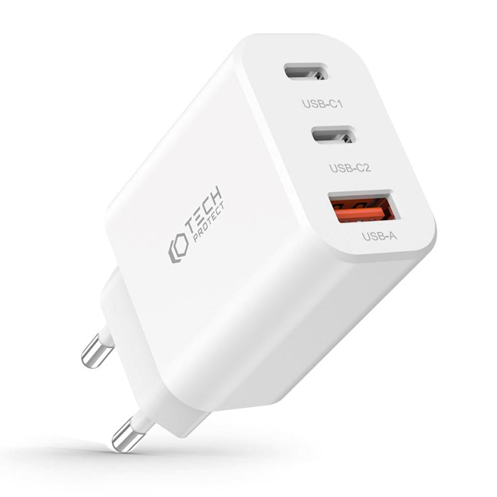 Tech-Protect 30W Vægoplader m. 2 x USB-C & 1 x USB-A - Hvid