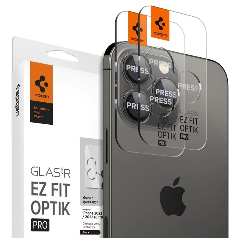 iPhone 17 Pro / 17 Pro Max / 16 Pro / 16 Pro Max / 15 Pro / 15 Pro Max / 14 Pro / 14 Pro Max Spigen EZ Fit. tR Optik Pro Kameralinse Beskyttelse - 2 Stk - Gennemsigtig / Sort