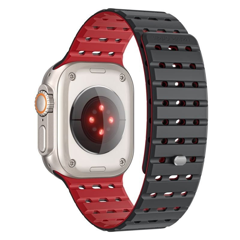 Mobile Origin Apple Watch (42/44/SE/45/46/49mm) Magnetisk Silikone Urrem - Sort / Rød
