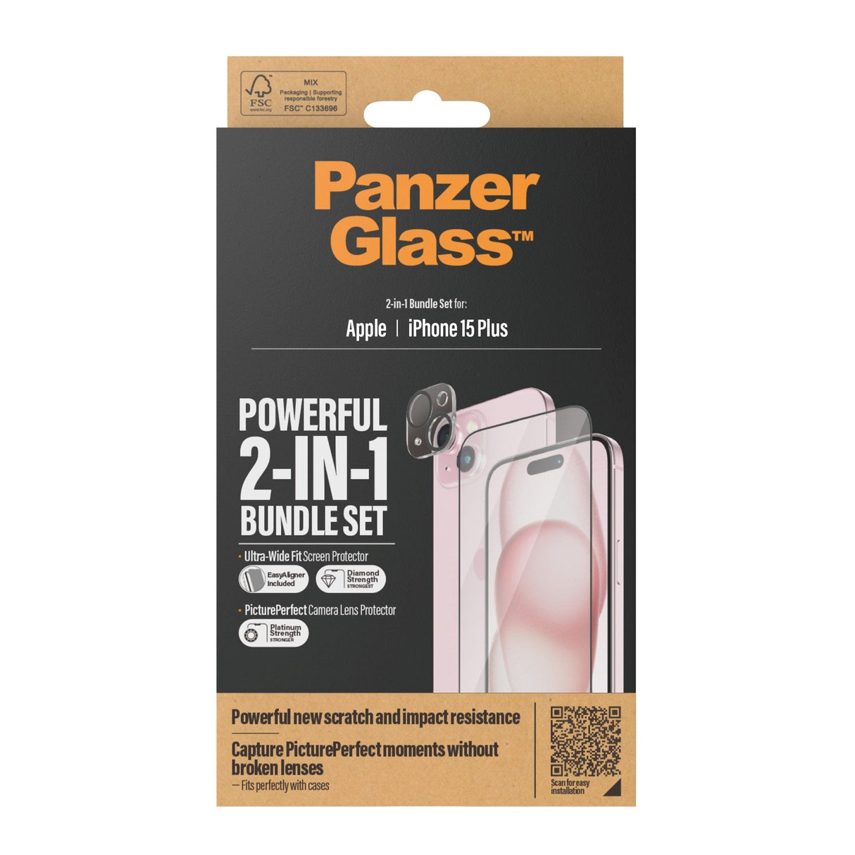 iPhone 15 Plus PanzerGlass 2-i-1 Bundle m. EasyAligner - Skærmbeskyttelse / Kamerabeskyttelse - Gennemsigtig / Sort