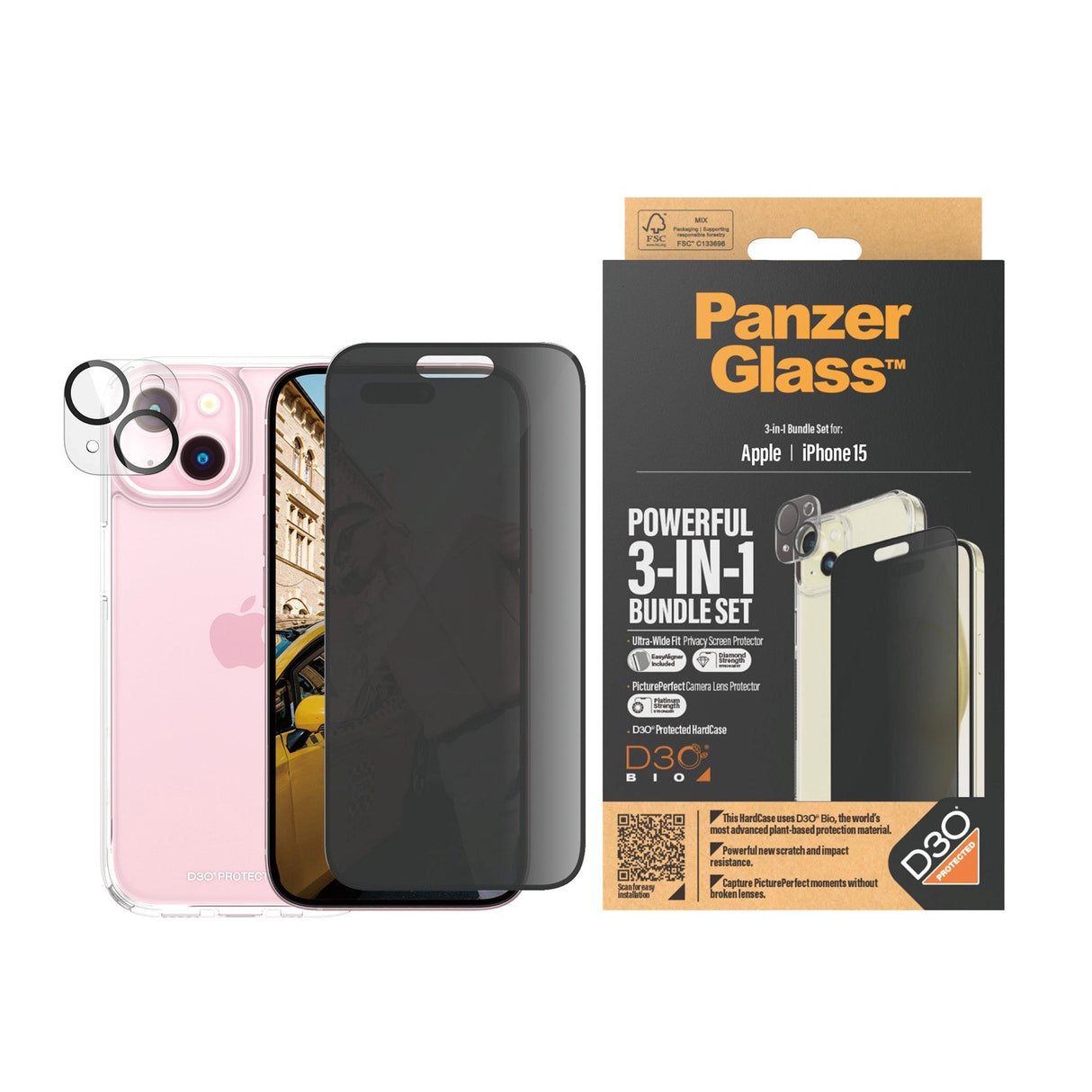 iPhone 15 PanzerGlass 3-i-1 Bundle m. EasyAligner - Privacy Skærmbeskyttelse (UWF) / Bagsidecover / Kamerabeskyttelse - Gennemsigtig / Sort