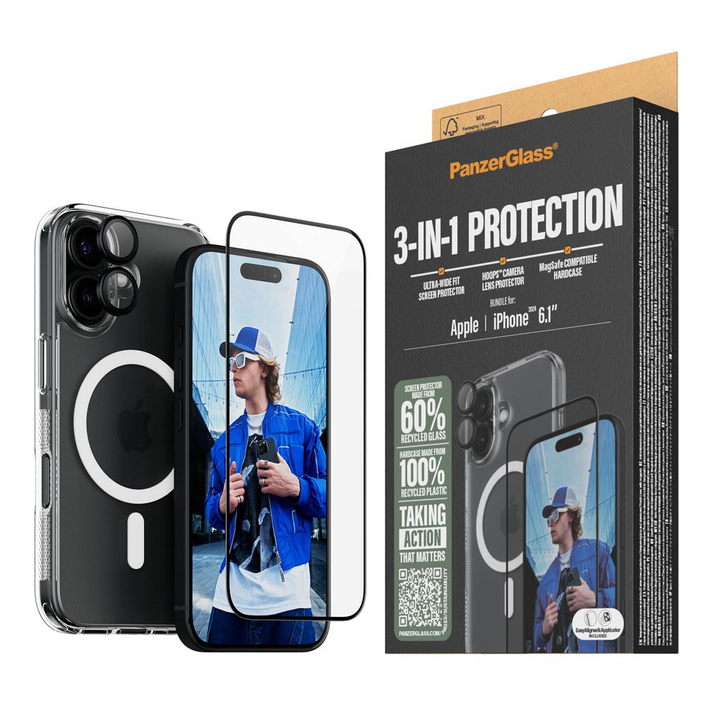 iPhone 16 PanzerGlass 3-i-1 Bundle m. EasyAligner - Skærmbeskyttelse (UWF) / Bagsidecover / Kamerabeskyttelse - Gennemsigtig / Sort