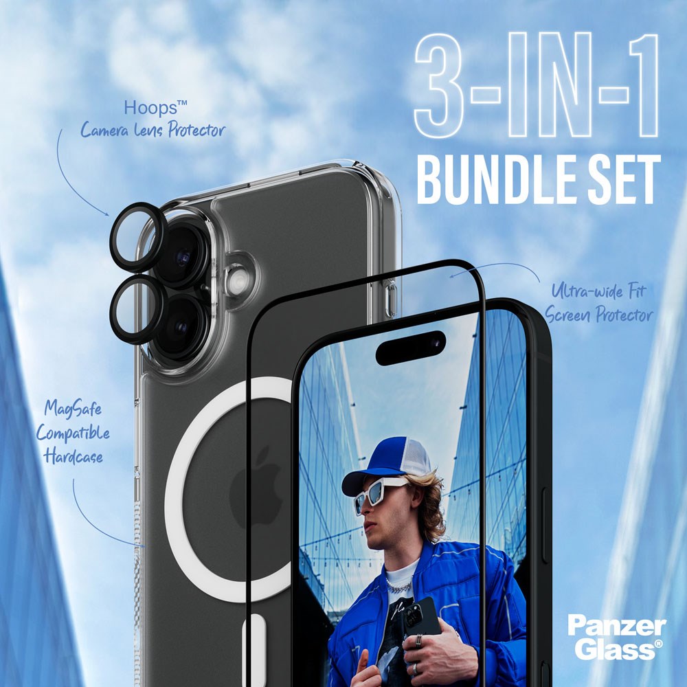 iPhone 16 PanzerGlass 3-i-1 Bundle m. EasyAligner - Skærmbeskyttelse (UWF) / Bagsidecover / Kamerabeskyttelse - Gennemsigtig / Sort