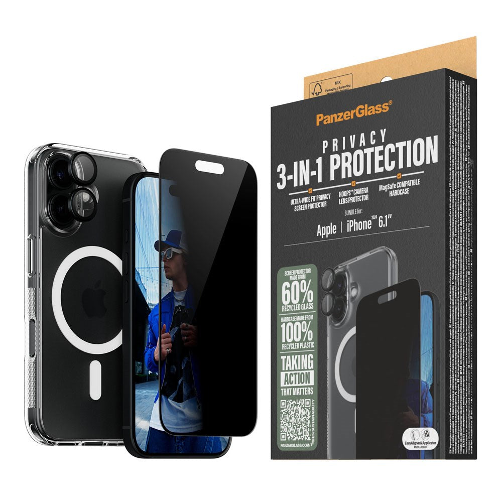 iPhone 16 PanzerGlass 3-i-1 Bundle m. EasyAligner - Privacy Skærmbeskyttelse (UWF) / Bagsidecover / Kamerabeskyttelse - Gennemsigtig / Sort
