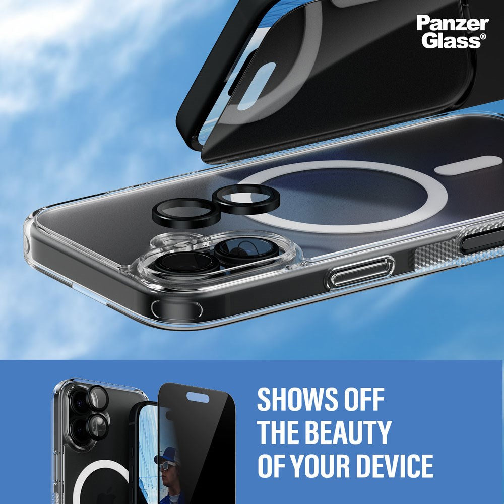 iPhone 16 PanzerGlass 3-i-1 Bundle m. EasyAligner - Privacy Skærmbeskyttelse (UWF) / Bagsidecover / Kamerabeskyttelse - Gennemsigtig / Sort