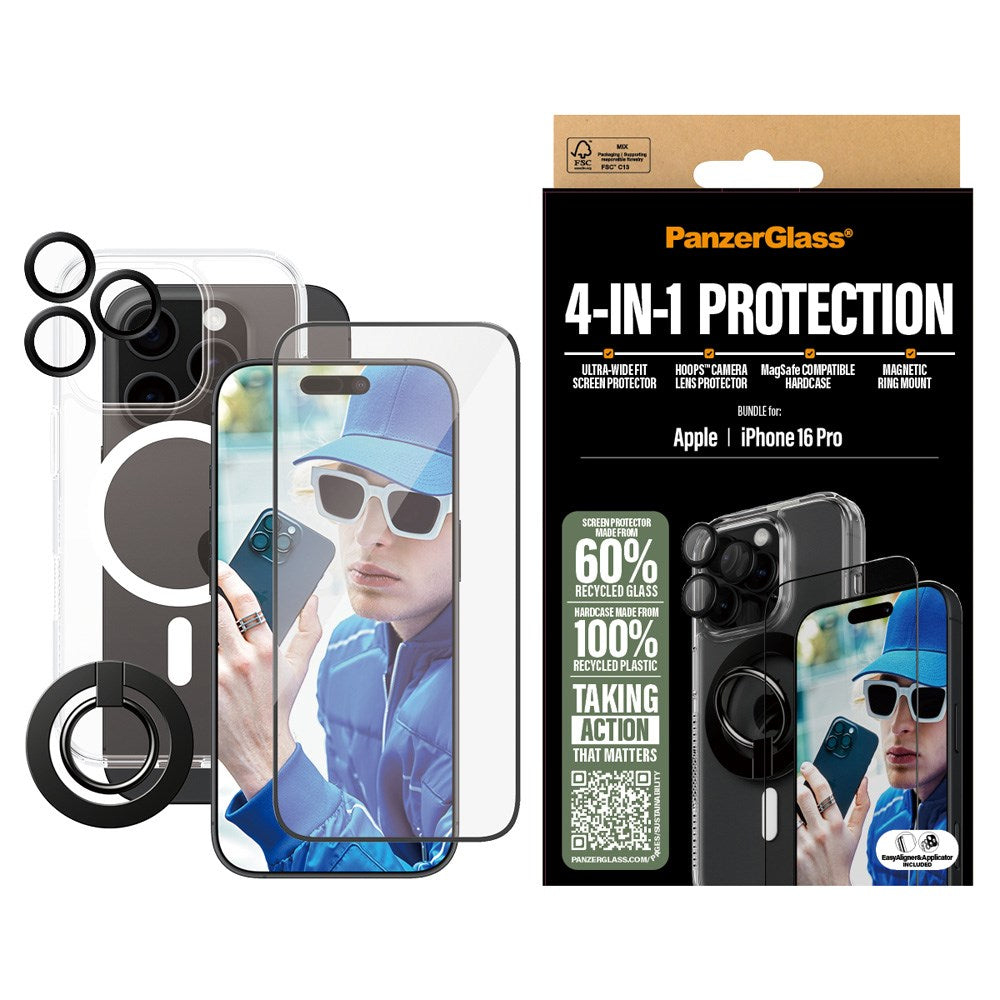 iPhone 16 Pro PanzerGlass 4-i-1 Bundle m. EasyAligner - Skærmbeskyttelse (UWF) / Bagsidecover / Kamerabeskyttelse / Fingerring - Gennemsigtig / Sort