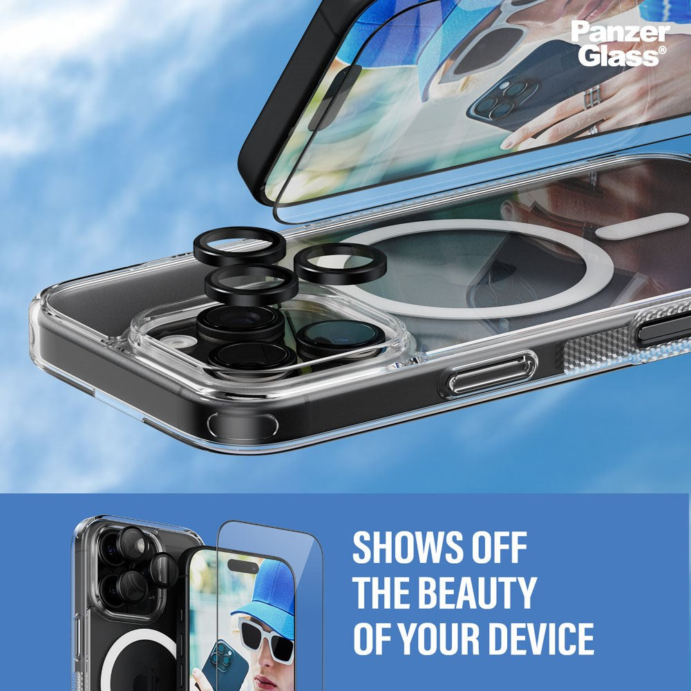iPhone 16 Pro PanzerGlass 3-i-1 Bundle m. EasyAligner - Skærmbeskyttelse (UWF) / Bagsidecover / Kamerabeskyttelse - Gennemsigtig / Sort