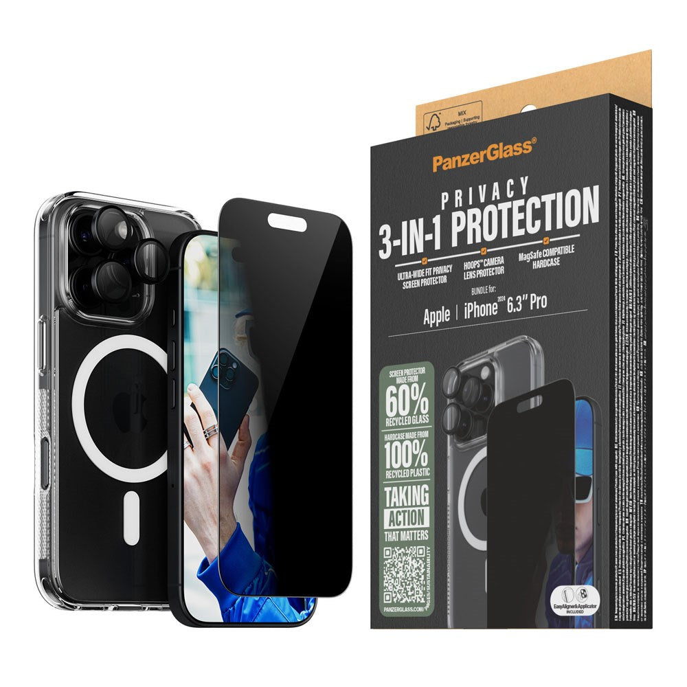 iPhone 16 Pro PanzerGlass 3-i-1 Bundle m. EasyAligner - Privacy Skærmbeskyttelse (UWF) / Bagsidecover / Kamerabeskyttelse - Gennemsigtig / Sort