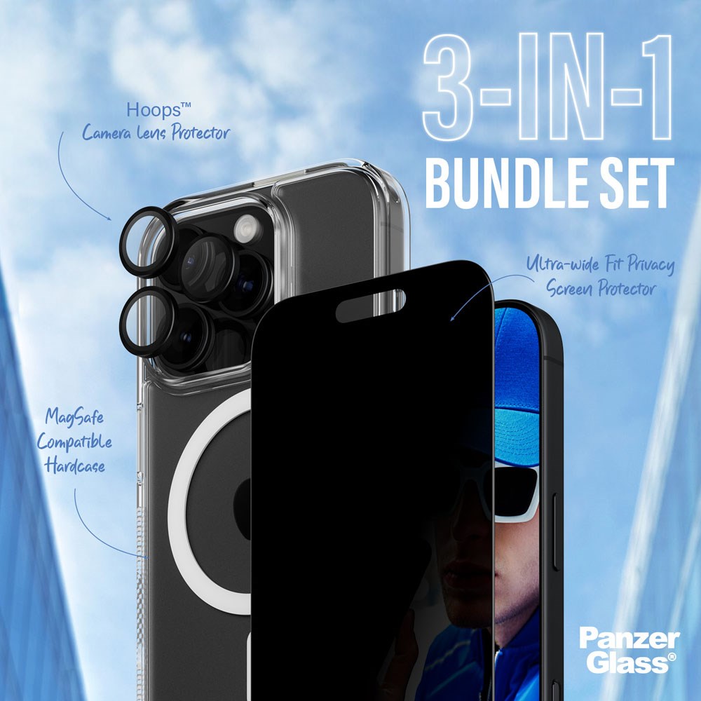 iPhone 16 Pro PanzerGlass 3-i-1 Bundle m. EasyAligner - Privacy Skærmbeskyttelse (UWF) / Bagsidecover / Kamerabeskyttelse - Gennemsigtig / Sort