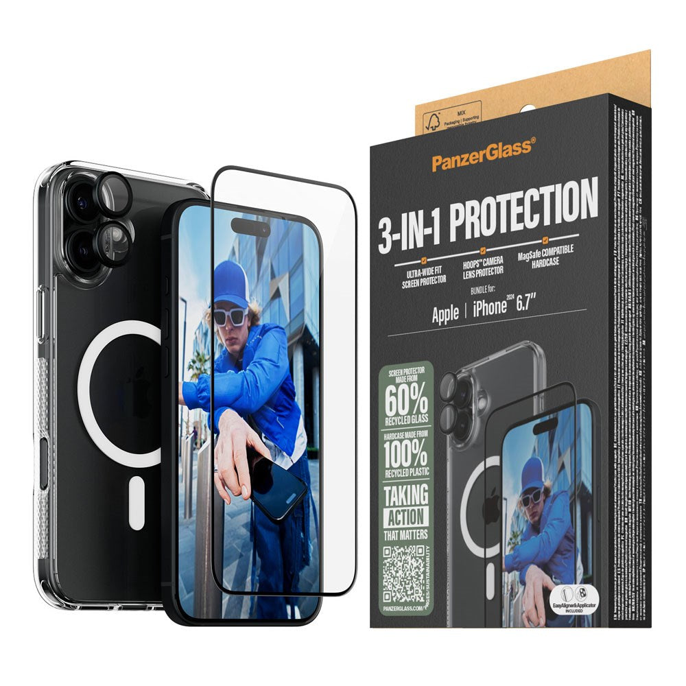 iPhone 16 Plus PanzerGlass 3-i-1 Bundle m. EasyAligner - Skærmbeskyttelse (UWF) / Bagsidecover / Kamerabeskyttelse - Gennemsigtig / Sort