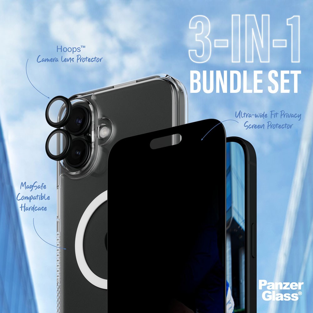 iPhone 16 Plus PanzerGlass 3-i-1 Bundle m. EasyAligner - Privacy Skærmbeskyttelse (UWF) / Bagsidecover / Kamerabeskyttelse - Gennemsigtig / Sort