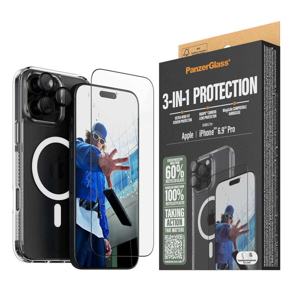 iPhone 16 Pro Max PanzerGlass 3-i-1 Bundle m. EasyAligner - Skærmbeskyttelse (UWF) / Bagsidecover / Kamerabeskyttelse - Gennemsigtig / Sort