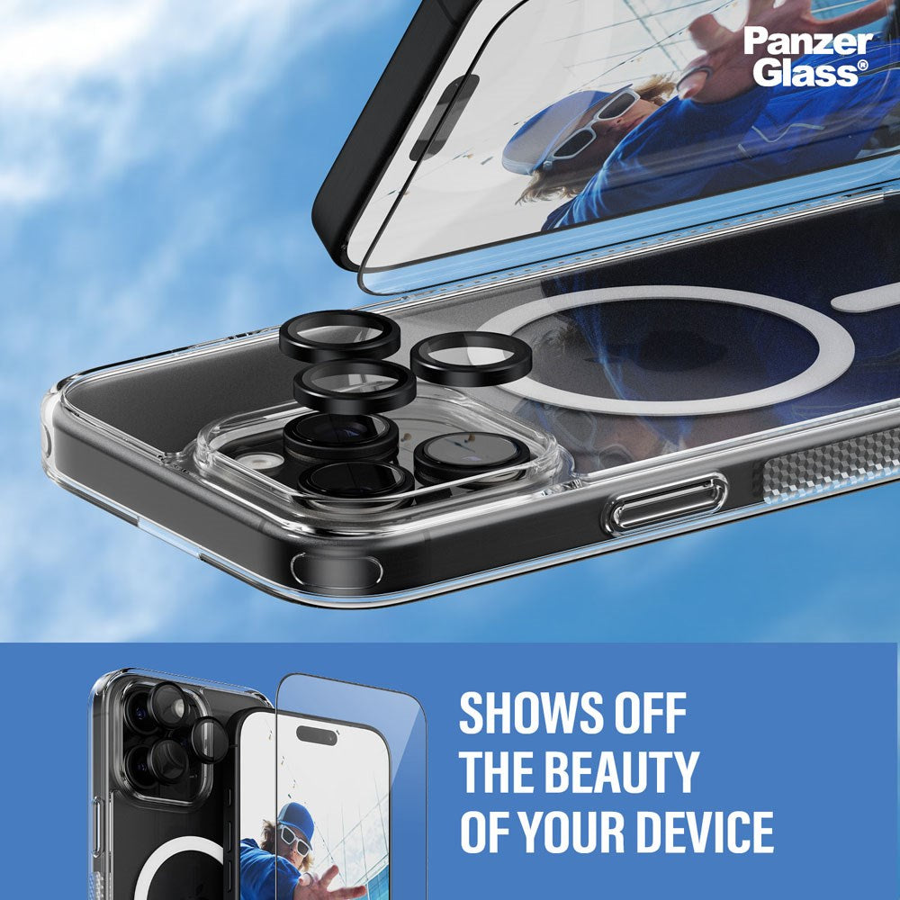 iPhone 16 Pro Max PanzerGlass 3-i-1 Bundle m. EasyAligner - Skærmbeskyttelse (UWF) / Bagsidecover / Kamerabeskyttelse - Gennemsigtig / Sort