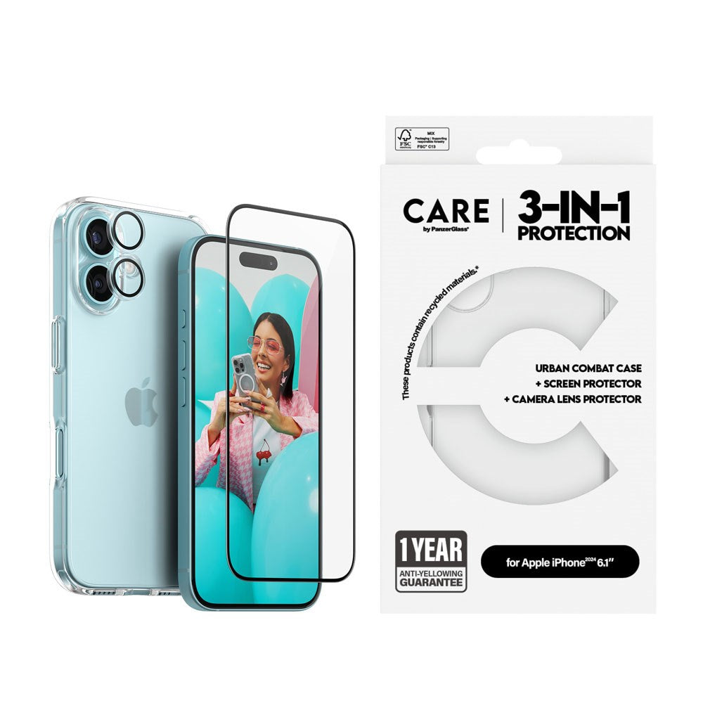 CARE By PanzerGlass iPhone 16 3-i-1 FLAGSHIP Bundle - Skærmbeskyttelse (UWF) / Bagsidecover / Kamerabeskyttelse - Gennemsigtig