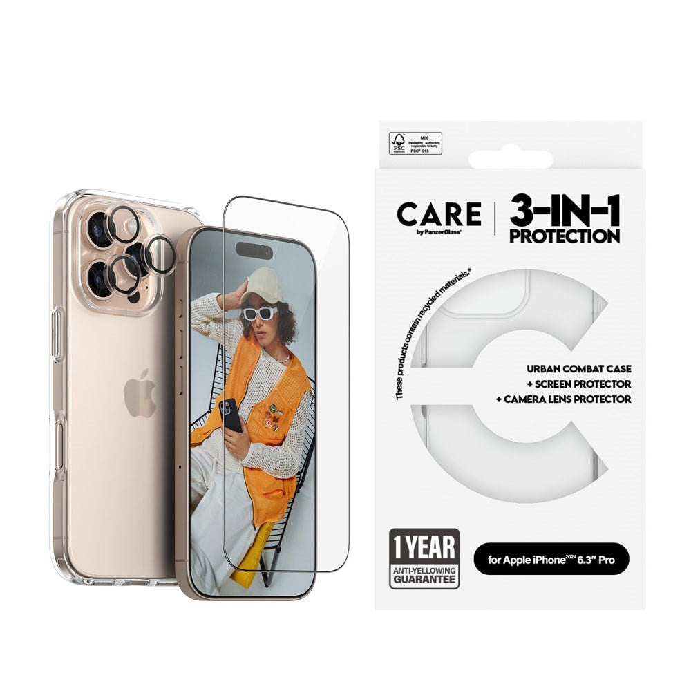 CARE By PanzerGlass iPhone 16 Pro 3-i-1 FLAGSHIP Bundle - Skærmbeskyttelse (UWF) / Bagsidecover / Kamerabeskyttelse - Gennemsigtig