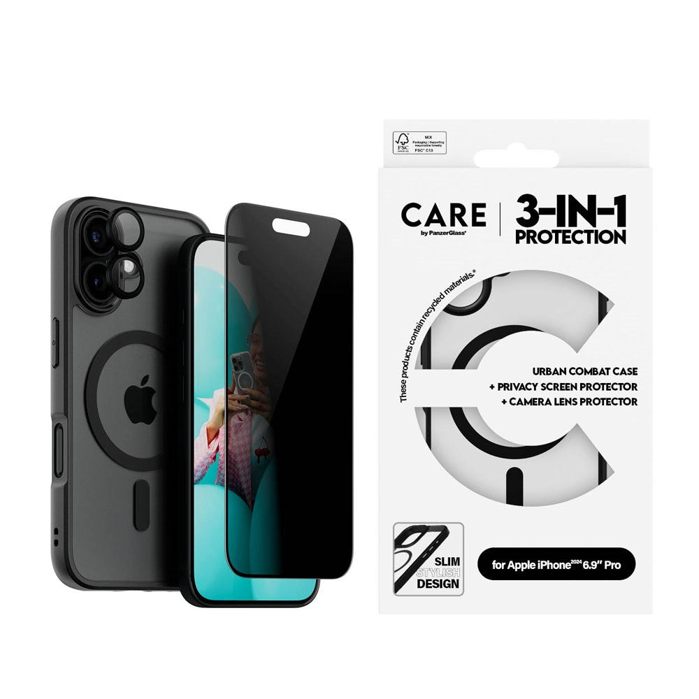 CARE By PanzerGlass iPhone 16 3-i-1 FLAGSHIP MagSafe Bundle - Privacy Skærmbeskyttelse (UWF) / Bagsidecover / Kamerabeskyttelse - Gennemsigtig / Sort