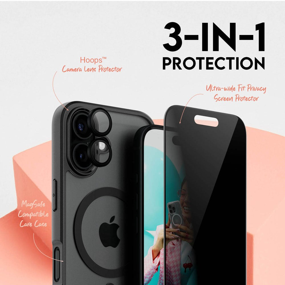 CARE By PanzerGlass iPhone 16 3-i-1 FLAGSHIP MagSafe Bundle - Privacy Skærmbeskyttelse (UWF) / Bagsidecover / Kamerabeskyttelse - Gennemsigtig / Sort