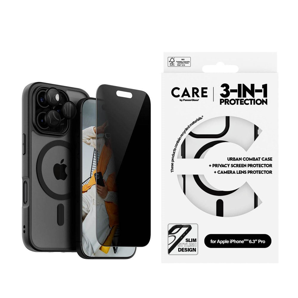 CARE By PanzerGlass iPhone 16 Pro 3-i-1 FLAGSHIP MagSafe Bundle - Privacy Skærmbeskyttelse (UWF) / Bagsidecover / Kamerabeskyttelse - Gennemsigtig / Sort