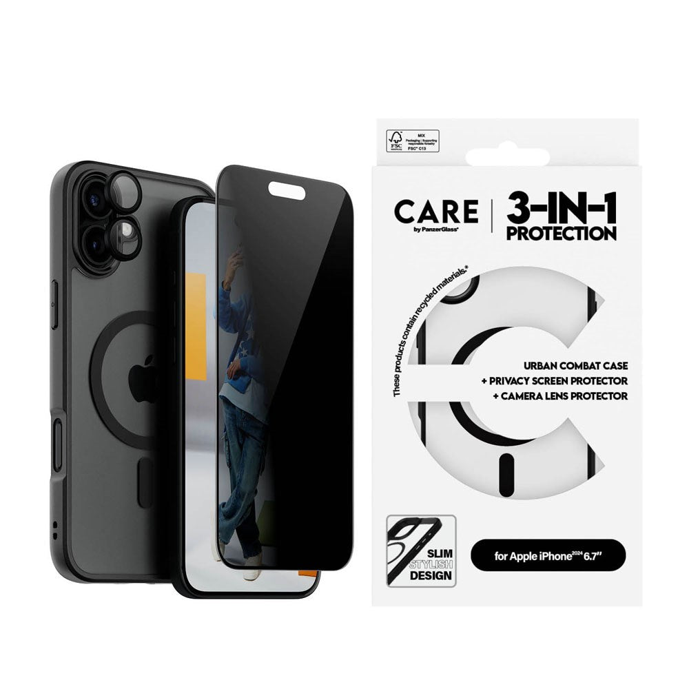 CARE By PanzerGlass iPhone 16 Plus 3-i-1 FLAGSHIP MagSafe Bundle - Privacy Skærmbeskyttelse (UWF) / Bagsidecover / Kamerabeskyttelse - Gennemsigtig / Sort