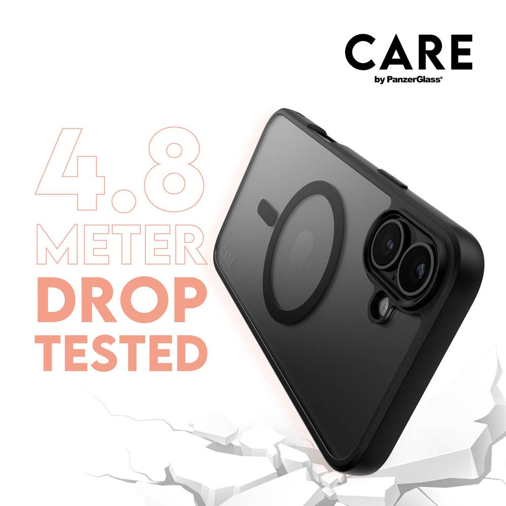 CARE By PanzerGlass iPhone 16 Plus 3-i-1 FLAGSHIP MagSafe Bundle - Privacy Skærmbeskyttelse (UWF) / Bagsidecover / Kamerabeskyttelse - Gennemsigtig / Sort