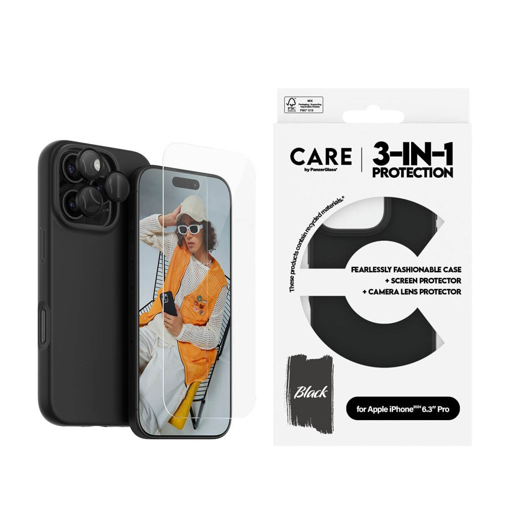 CARE By PanzerGlass iPhone 16 Pro 3-i-1 FASHION Bundle - Skærmbeskyttelse (UWF) / Bagsidecover / Kamerabeskyttelse - Gennemsigtig / Sort