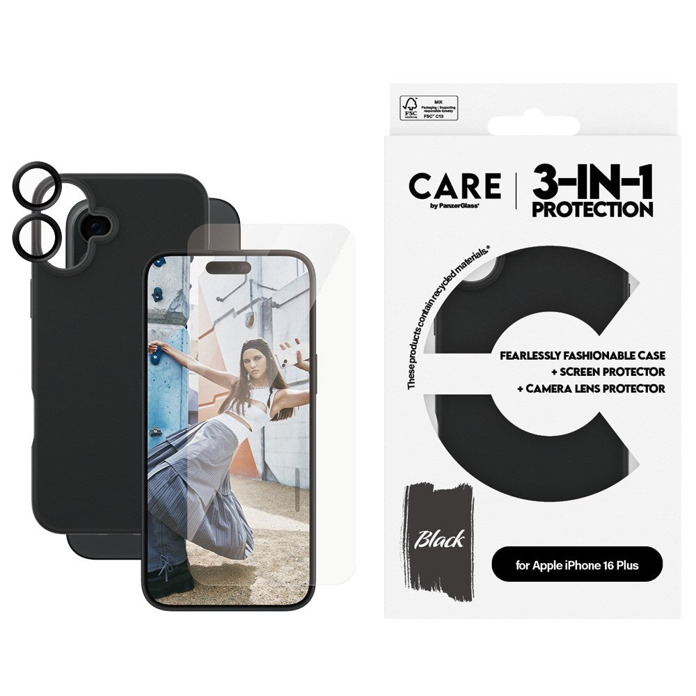 CARE By PanzerGlass iPhone 16 Plus 3-i-1 FASHION Bundle - Skærmbeskyttelse (UWF) / Bagsidecover / Kamerabeskyttelse - Gennemsigtig / Sort
