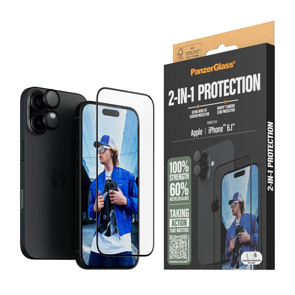 iPhone 16 PanzerGlass 2-i-1 Bundle m. EasyAligner - Skærmbeskyttelse / Kamerabeskyttelse - Gennemsigtig / Sort