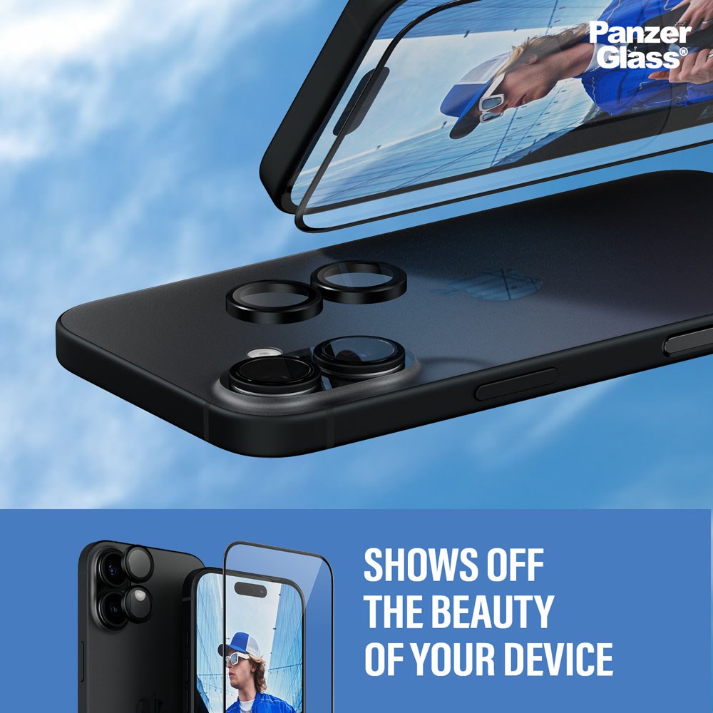 iPhone 16 PanzerGlass 2-i-1 Bundle m. EasyAligner - Skærmbeskyttelse / Kamerabeskyttelse - Gennemsigtig / Sort