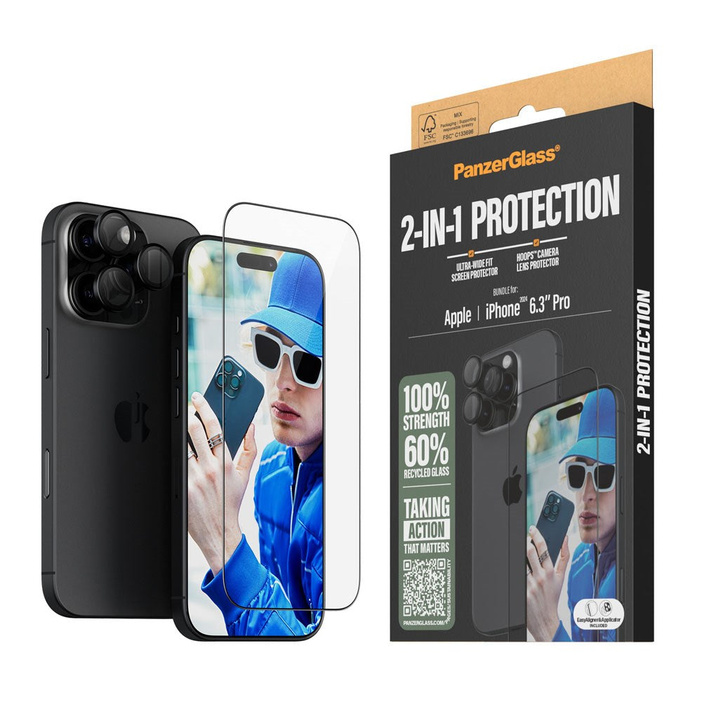 iPhone 16 Pro PanzerGlass 2-i-1 Bundle m. EasyAligner - Skærmbeskyttelse / Kamerabeskyttelse - Gennemsigtig / Sort