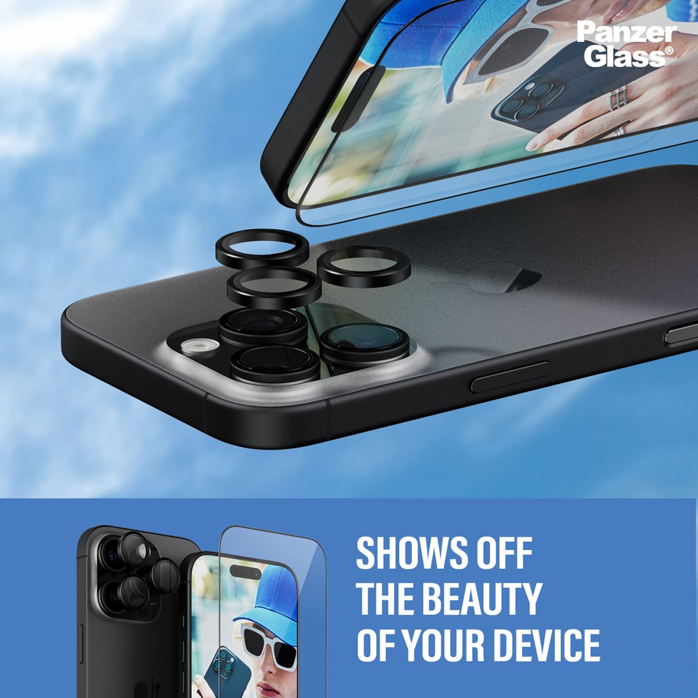 iPhone 16 Pro PanzerGlass 2-i-1 Bundle m. EasyAligner - Skærmbeskyttelse / Kamerabeskyttelse - Gennemsigtig / Sort