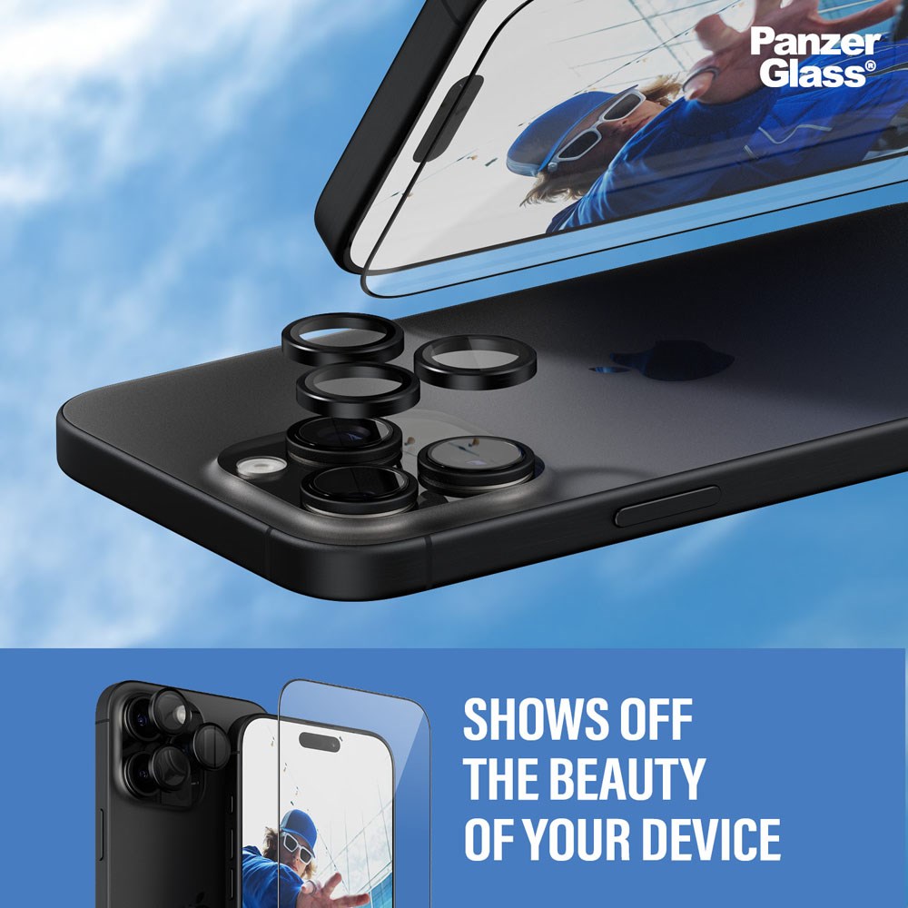 iPhone 16 Pro Max PanzerGlass 2-i-1 Bundle m. EasyAligner - Skærmbeskyttelse / Kamerabeskyttelse - Gennemsigtig / Sort