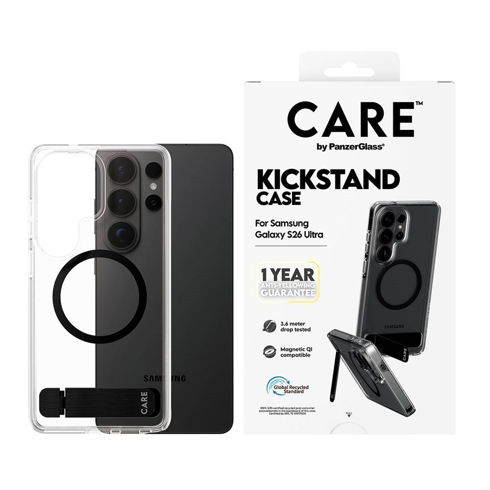 Samsung Galaxy S26 Ultra CARE by PanzerGlass Feature Kickstand Cover - Qi Kompatibel - Transparent / Black