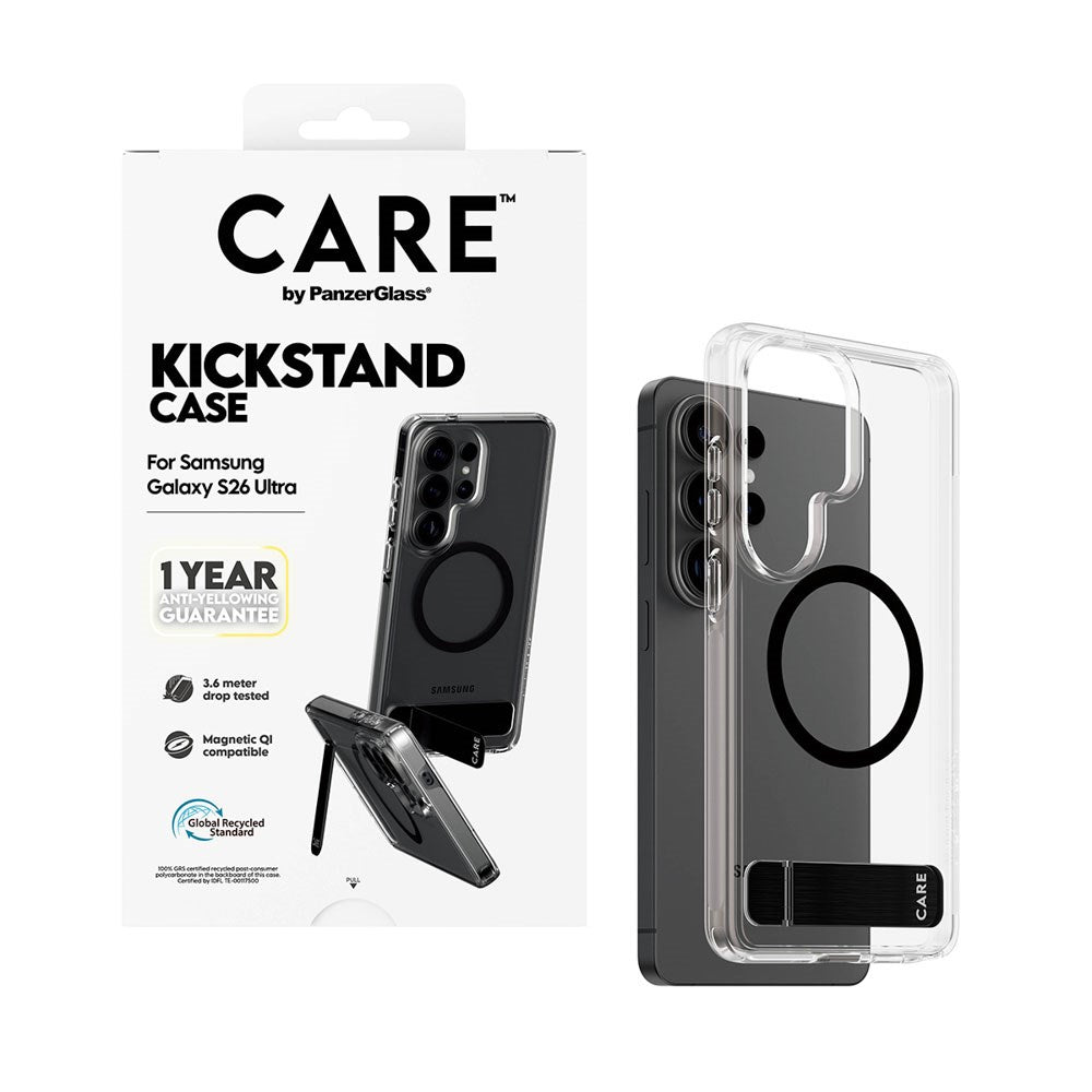 Samsung Galaxy S26 Ultra CARE by PanzerGlass Feature Kickstand Cover - Qi Kompatibel - Transparent / Black