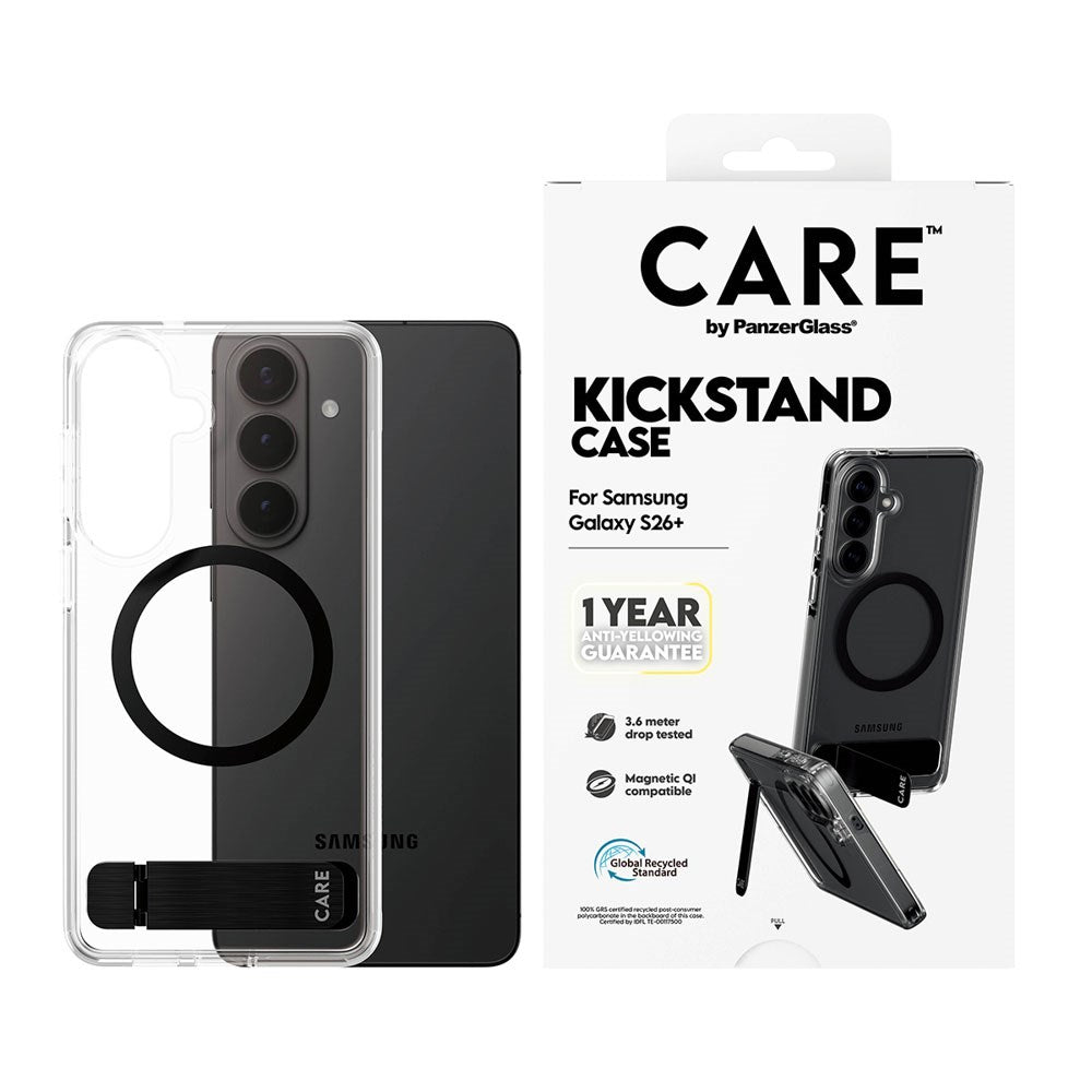 Samsung Galaxy S26+ (Plus) CARE by PanzerGlass Feature Kickstand Cover - Qi Kompatibel - Transparent / Black