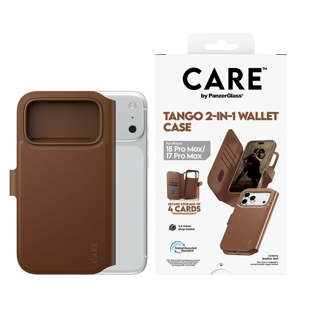 iPhone 18 Pro Max / 17 Pro Max CARE by PanzerGlass Feature Tango 2-in-1 Flipcover m. Pung - MagSafe Kompatibel - Brun