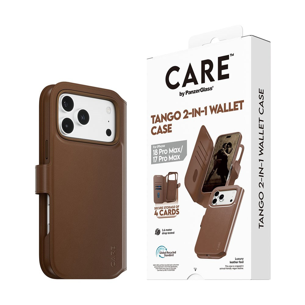 iPhone 18 Pro Max / 17 Pro Max CARE by PanzerGlass Feature Tango 2-in-1 Flipcover m. Pung - MagSafe Kompatibel - Brun