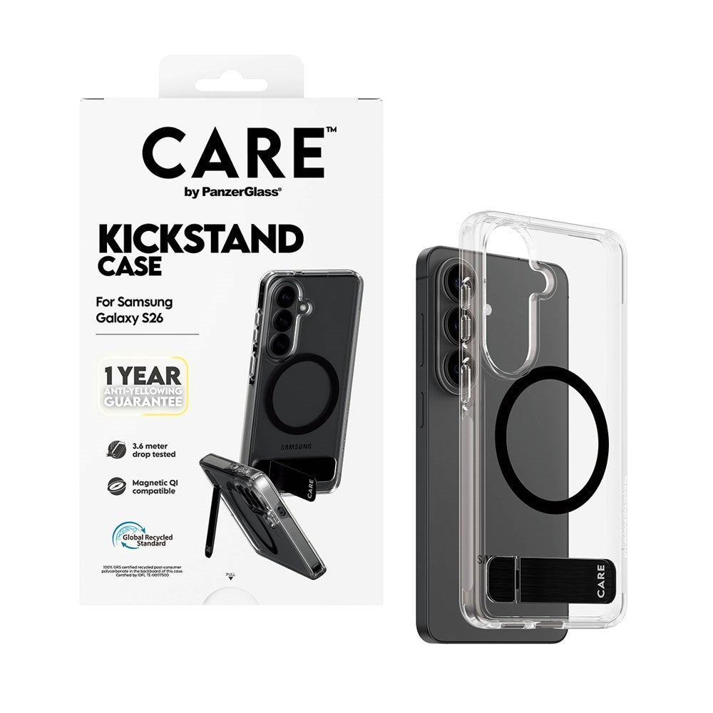 Samsung Galaxy S26 CARE by PanzerGlass Feature Kickstand Cover - Qi Kompatibel - Transparent / Black