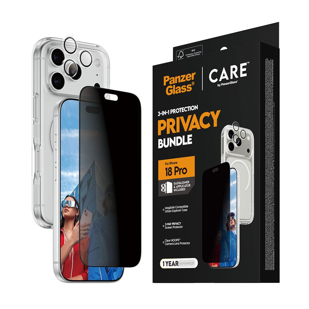 iPhone 18 Pro - CARE by PanzerGlass - 3-i-1 FLAGSHIP Bundle - Cover / Privacy Skærmbeskyttelse (UWF) / Kamerabeskyttelse - Gennemsigtig / Sort