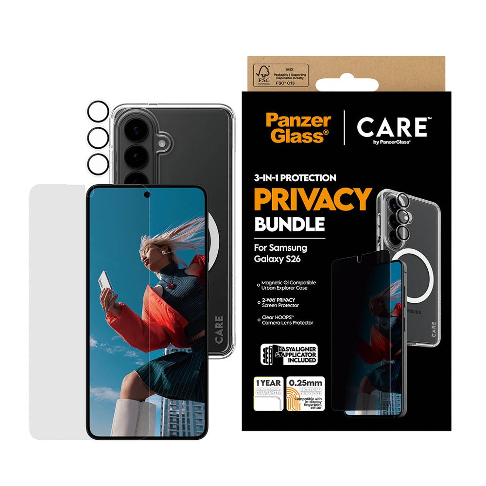Samsung Galaxy S26 Urban Combat 3-in-1 Privacy Bundle inkl. Cover / Skærmbeskyttelse m. Privacy / Kamerabeskyttelse - Qi Kompatibel - Gennemsigtig