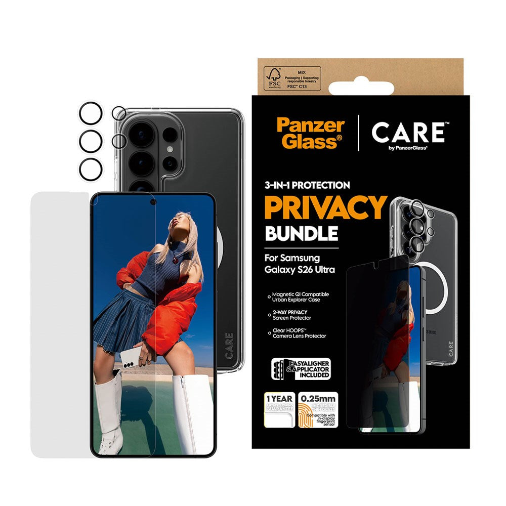 Samsung Galaxy S26 Ultra Urban Combat 3-in-1 Privacy Bundle inkl. Cover / Skærmbeskyttelse m. Privacy / Kamerabeskyttelse - Qi Kompatibel - Gennemsigtig