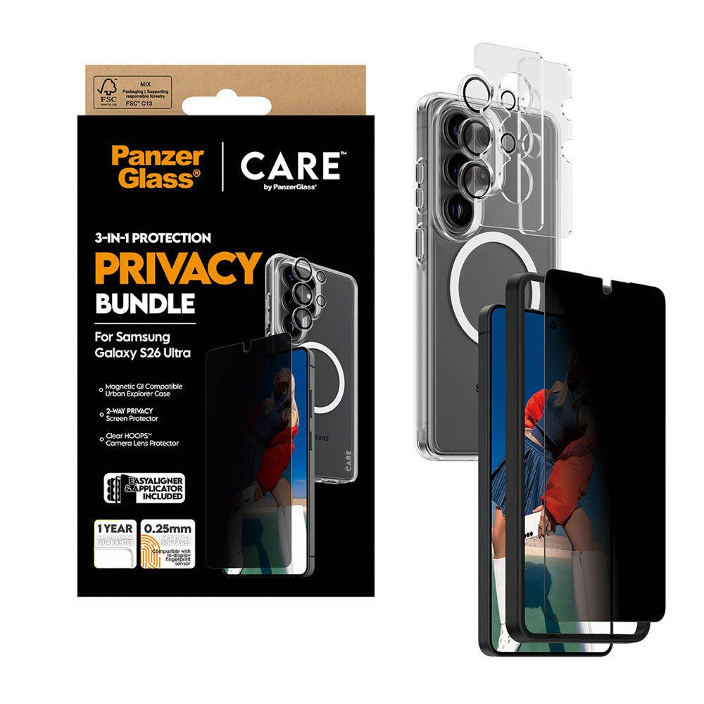 Samsung Galaxy S26 Ultra Urban Combat 3-in-1 Privacy Bundle inkl. Cover / Skærmbeskyttelse m. Privacy / Kamerabeskyttelse - Qi Kompatibel - Gennemsigtig