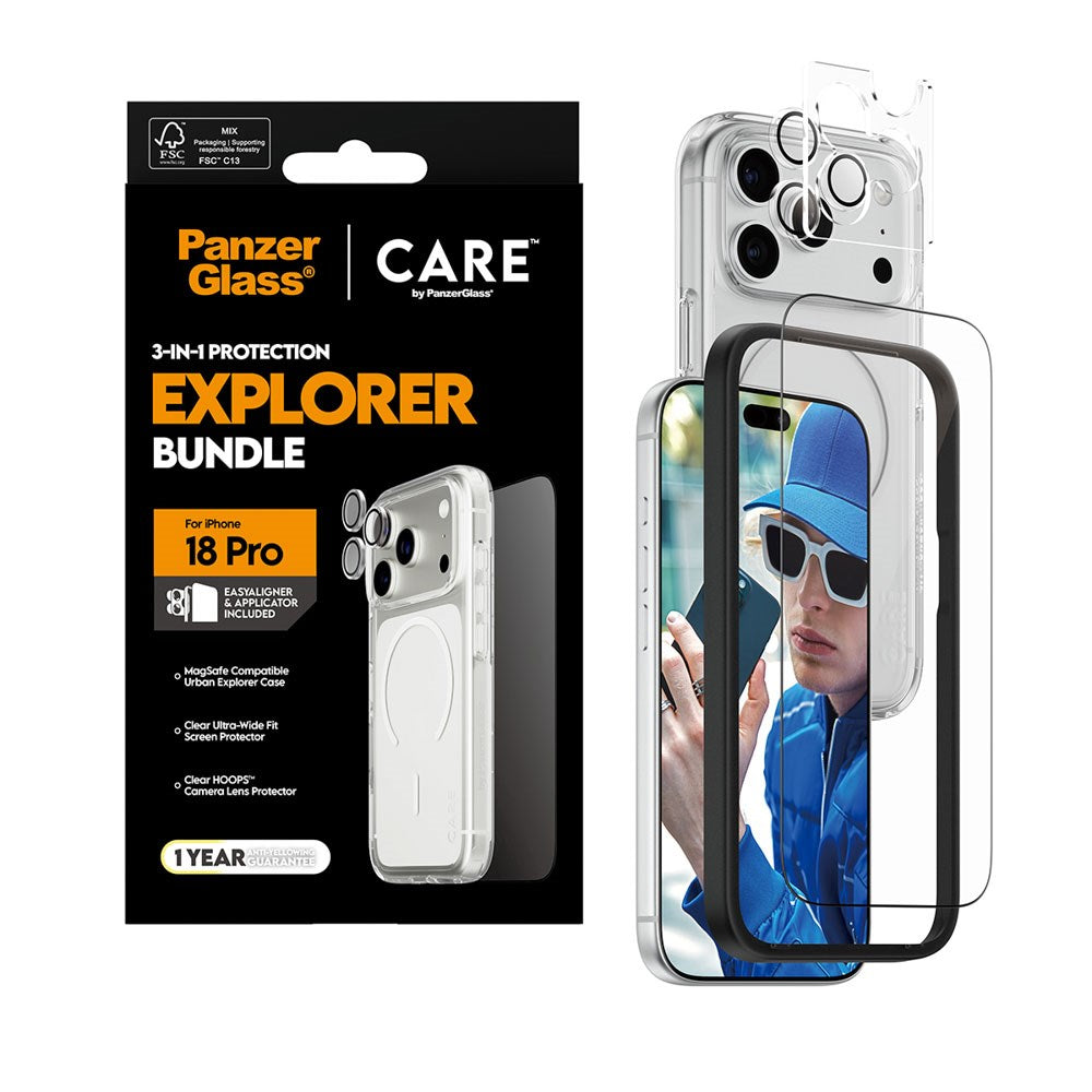 iPhone 18 Pro CARE By PanzerGlass 3-i-1 FLAGSHIP Bundle - Skærmbeskyttelse (UWF) / Bagsidecover / Kamerabeskyttelse - Gennemsigtig