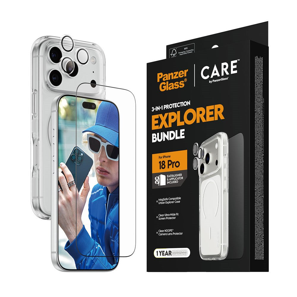 iPhone 18 Pro CARE By PanzerGlass 3-i-1 FLAGSHIP Bundle - Skærmbeskyttelse (UWF) / Bagsidecover / Kamerabeskyttelse - Gennemsigtig