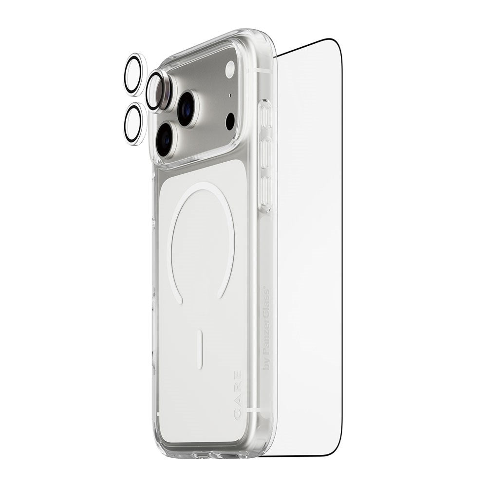 iPhone 18 Pro Max CARE By PanzerGlass 3-i-1 FLAGSHIP Bundle - Skærmbeskyttelse (UWF) / Bagsidecover / Kamerabeskyttelse - Gennemsigtig