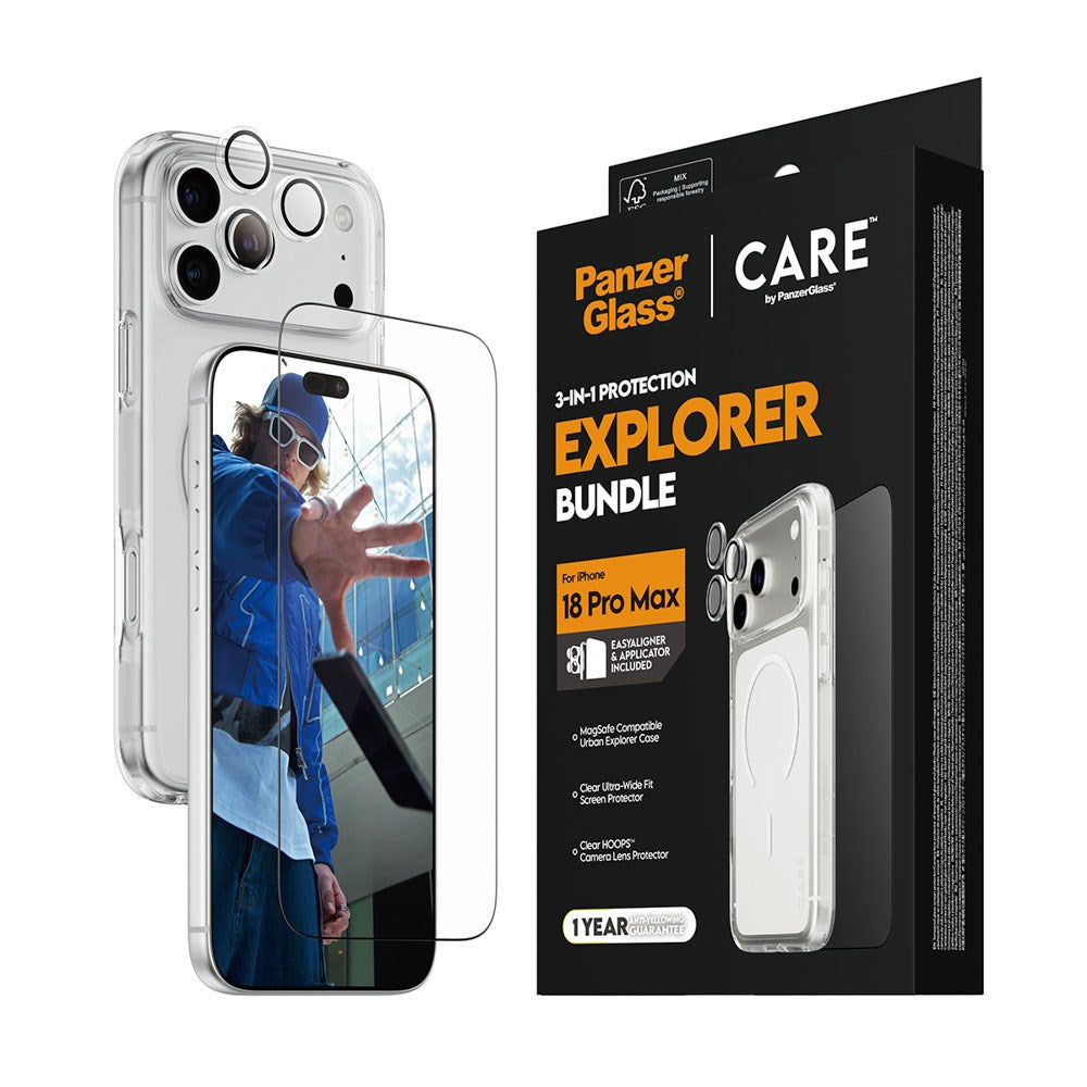 iPhone 18 Pro Max CARE By PanzerGlass 3-i-1 FLAGSHIP Bundle - Skærmbeskyttelse (UWF) / Bagsidecover / Kamerabeskyttelse - Gennemsigtig
