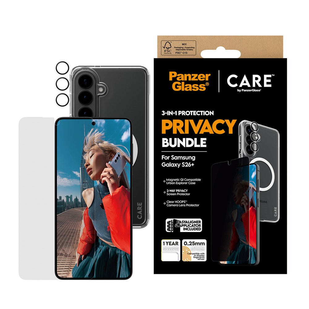Samsung Galaxy S26+ (Plus) Urban Combat 3-in-1 Privacy Bundle inkl. Cover / Skærmbeskyttelse m. Privacy / Kamerabeskyttelse - Qi Kompatibel - Gennemsigtig