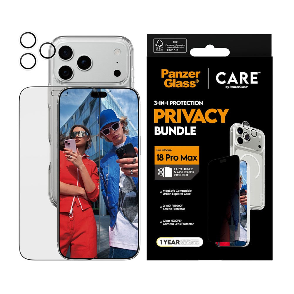 iPhone 18 Pro Max - CARE by PanzerGlass - 3-i-1 FLAGSHIP Bundle - Cover / Privacy Skærmbeskyttelse (UWF) / Kamerabeskyttelse - Gennemsigtig / Sort